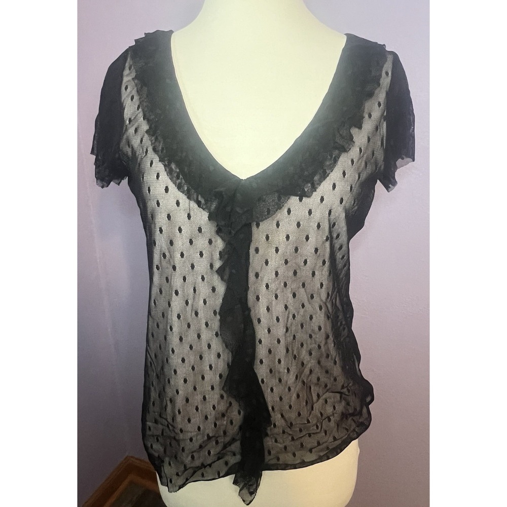 Axcess Y2K Whimsigoth Dark Romantic Dot Sheer V Neck Ruffle Top Blouse Large